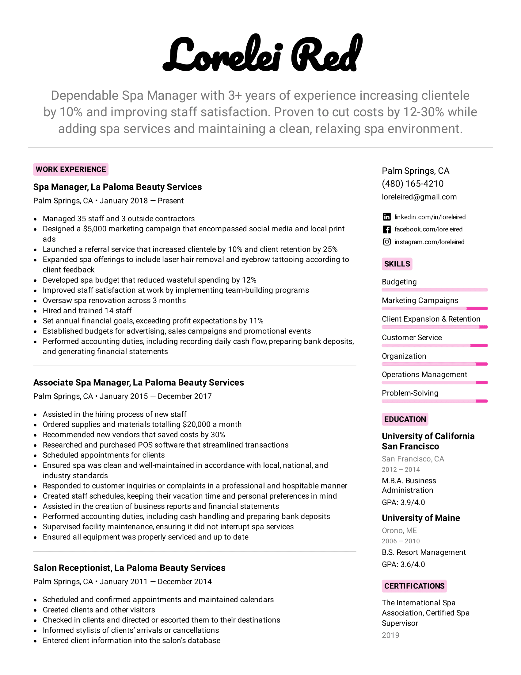 Spa Manager Resume Example & Writing Tips for 2022